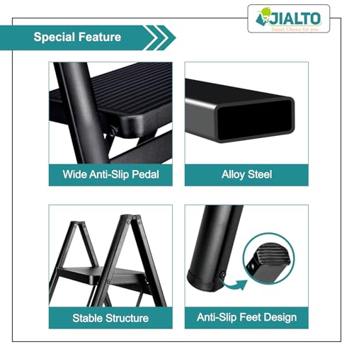 Image of JIALTO 2 Step Metal Ladder for Home, Foldable Lightweight Stepping Stool with Wide Pedals, Anti Slip Heavy Duty 150 Kg Capacity, Portable for Kitchen, Office & Library (Black)