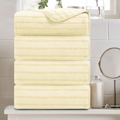 4 Pcs Light Yellow Cabana Stripe Large Bath Towels 35x70 Oversized Bath Sheet Soft Breathable Jumbo Bathroom Towels Highly Absorbent Shower Towel Quick Dry Beach Chair Towel Spa Gym Hotel Towel Set