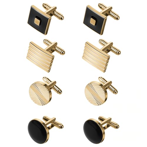4 Pairs Cufflinks for Men Classic Tone Cuff Links Fashion Men Cufflinks Gold/Sliver Striped Disc Square Rectangle Cuff Links for Business Wedding Party Gift Box