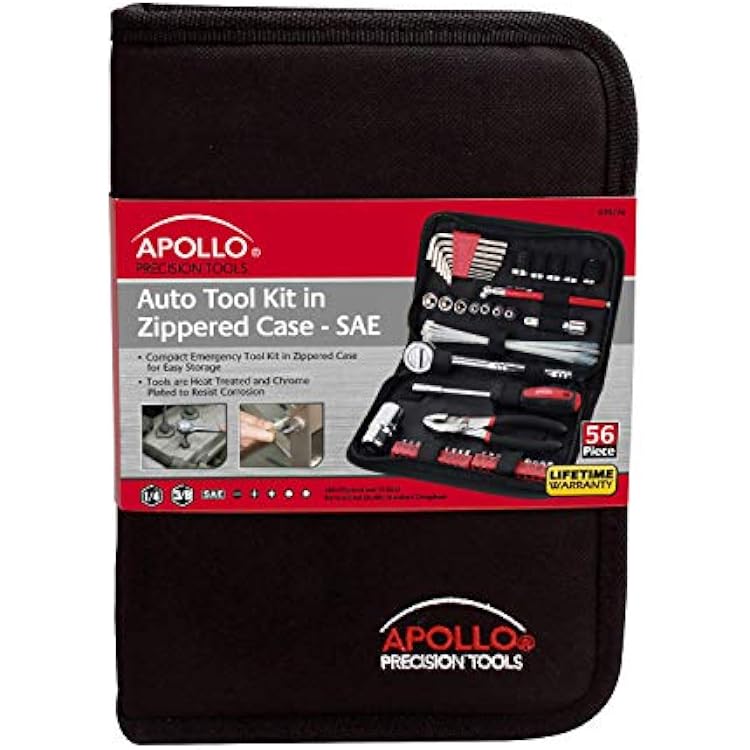 Apollo Tools 56 Piece Compact SAE Auto Tool Set in Zippered Case, Small Mechanic Tool Set for Car Emergency, Motorcycle Repair on the Road, Great for Travel Tool Needs - Red - DT9774