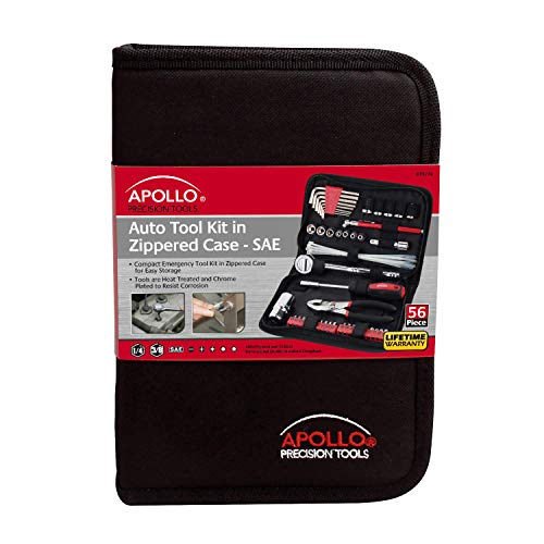 Apollo Tools 56 Piece Compact SAE Auto Tool Set in Zippered Case, Small Mechanic Tool Set for Car Emergency, Motorcycle Repair on the Road, Great for Travel Tool Needs - Red - DT9774 by Apollo - Image 3
