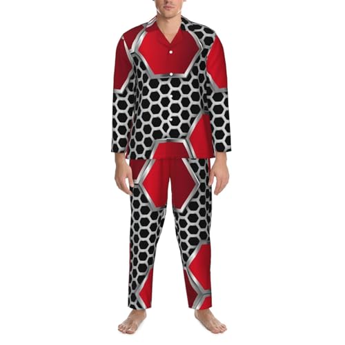 Geometric Hexagons With Red Metal Mens Pajamas Set Button Down Sleepwear Set Long Sleeve Loungewear With Pockets