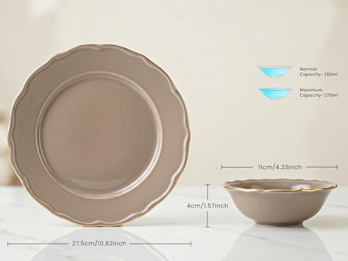 Image of Bodhi House 12-Piece Gold Rim Porcelain Dinner Set | Plates & Bowls Set | Lightweight, Chip Resistant, | Dishwasher Safe | Ideal for Home Dining & Gifting Set | Thunder Grey