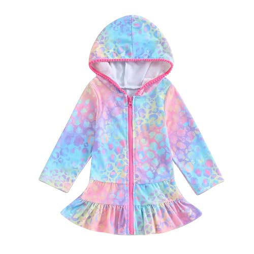 Image of Girls Terry Cloth Swim Cover Up Zip Up Hooded Bathing Suit Coverup Wraps Rufled Kids Pool Beach Robe Cover-Up Dress