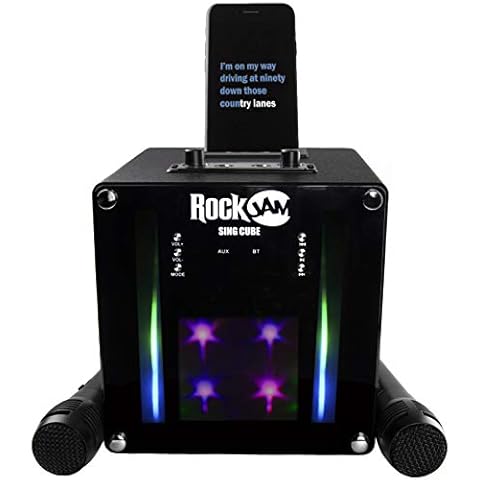 RockJam RJSC01-BK Singcube 5-Watt Rechargeable Bluetooth Karaoke Machine with Two Microphones, Voice Changing Effects & LED Lights, Black Cover