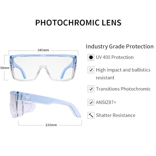 Image of UV400 Transition Photochromic Safety Glases Light to Dark Grey Lens ANSI Z87 Impact Approved