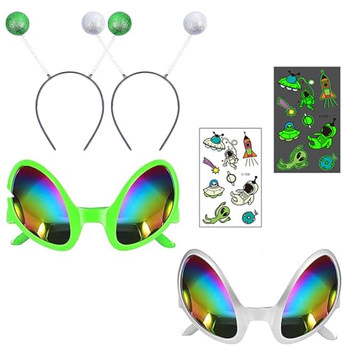 Yuqilin 4 Piezas Accesorios de Fiesta de Disfraces Halloween Incluye Pegatinas Tatuaje Diadema Extraterrestre Diseño Elástico Gafas Extraterrestre Sin Rebabas para Fiestas Temáticas Halloween