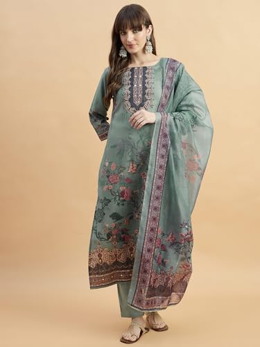 Image of SheWill Kurta Sets for Women - Red Rayon Aari Hand Work with Digital Floral Print Kurta with Pant and Chanderi Dupatta |Stylish Printed Summer Kurti Set