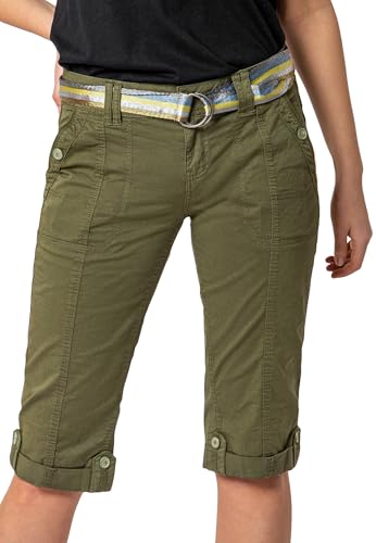 FRESH MADE Damen Capri-Hose 3/4-Shorts mit Metallic Gürtel Green L