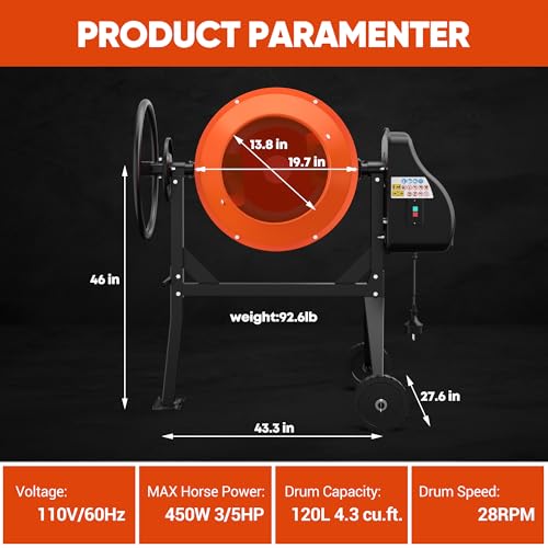 Dkenicor Cement Mixer, 450W 3/5HP Electric Cement Mixer Machine, 4.3 Cu.Ft. Potable Concrete Mixer Machine with Wheel and Stand, Orange