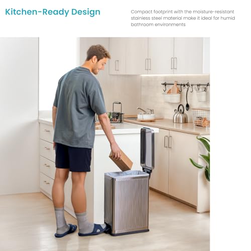 Image of Home Zone Living 8 Gallon Kitchen Trash Can with Slim Fit Design | Stainless Steel with Soft-Close Step Pedal Lid, Bag Tuck Band for Easier Bag Changes, Rectangular Shape, Reeded Style, Silver
