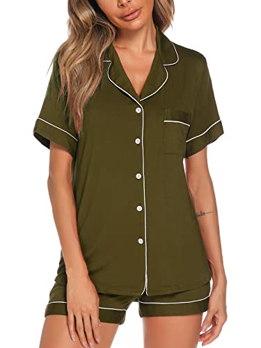 Image of Aamikast Button Up Pajama Set for Women Shorts Short Sleeve Knit Sleepwear 2 Pice Pjs Sets