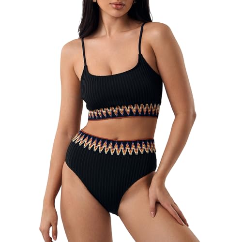 Image of Mayoii High Waisted Bikini Set Push Up Padded Bikini Top with Adjustable Straps, 2 Piece Swimsuit Tummy Control Swimwear Bohebia Swiming Costume (L, Black)