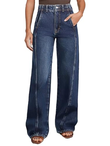 Flamingals Straight Leg High Rise Baggy Button Wash Seam Front Split Detail Denim Jeans with Pockets