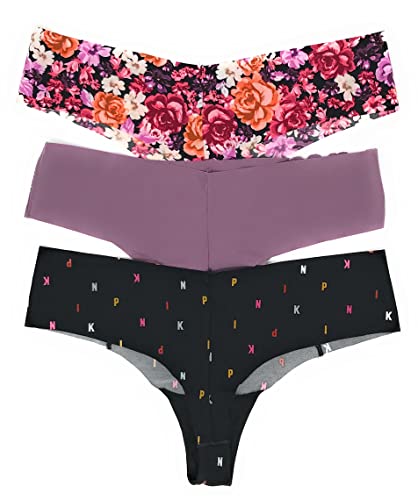 Victoria's Secret Pink Thong Panty Set Of 3 Medium No-Show Pink Floral / Mauve Lace / Black Mini Logo #TOP1