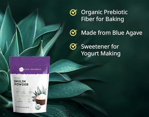 Image of Kate Naturals Inulin Powder Organic from Blue Agave (8oz) Soluble Prebiotic Fiber for Coffee, Yogurt & Smoothies
