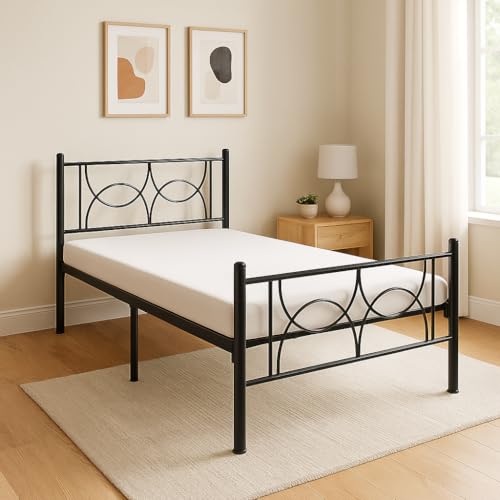 Image of Luno Metal Extra Single Size Bed Without Storage | Wrought Iron Cot with Headboard & Footboard| Sturdy Powder Coated Platform Bed Extra Single Size Cot for Bedroom (Luno Black)