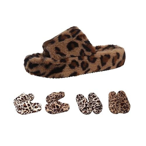 Women's Leopard Print Plush Slippers, Furry Crash - Proof Toe, Non - Slip Durable Sole, Fuzzy Platform Slides for Cozy Daily Wear