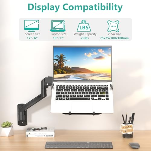 Image of WALI Laptop Wall Mount, Single Monitor Arm for 17 inch Notebook and Up to 32 inch Screen, Full Motion Adjustable Monitor Wall Mount with Laptop Tray, VESA 75x75 /100x100, Up to 15.4-22 Lbs (GSWM001LP), Black