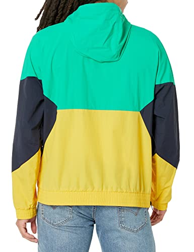 Tommy Hilfiger Men's Retro Lightweight Taslan Hooded Popover Water Resistant Windbreaker Jacket, Aqua Green/Navy/Yellow, Medium #TOP4