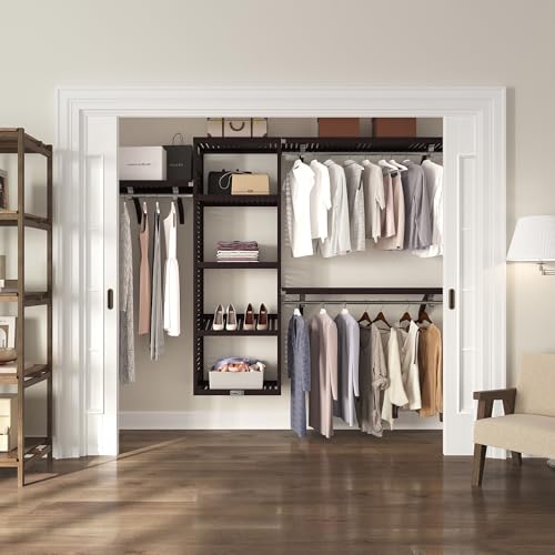 Wood Closet Organizer System with Shelves & Hanging Rods - Wall Mounted Walk-in – Espresso Finish