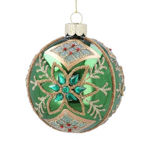 Image of Gisela Graham Glass Christmas Bauble, Green with Gold Poinsettia, Round, 8cm