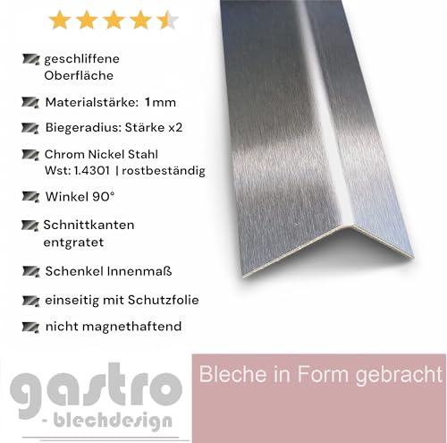 Gastro-Blechdesign Edelstahl Winkel K240 geschliffen 1 mm stark 150 cm Edelstahl Kantenschutz 1,5 Meter lang Kantenschutzprofil Winkelprofil Eckschutz L Profil 30 x 30 mm