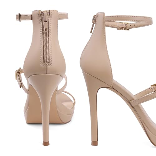 Women Strappy High Heels: Open Toe Heeled Sandals - Nude Heel Dressy Comfortable Platform - Stiletto Graduation Formal Dress Shoes Size 83