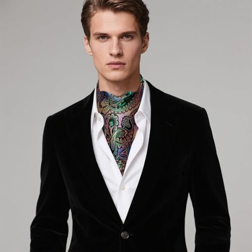 Image of Hi-Tie Silk Ascot for Men Self Tie Men's Cravat and Flower Lapel Pin Handkerchief Cufflinks Set for Wedding Party