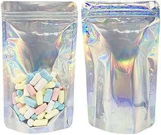 Rimiko 50pcs Resealable Mylar Holographic Ziplock Bags Stand up, Zipper Aluminum Foil Pouches, Reusable Mylar bags for Candy Coffee Beans Packaging Food Storage (6.3"x 9.5")