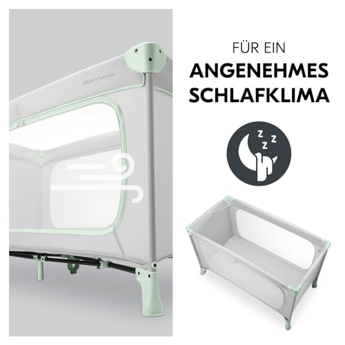 hauck Dream N Play Plus, Dusty Mint - Kinderreisebett mit Transporttasche - Großer Schlupf zum Spielen - Klein Zusammenklappbar - Baby Reisebett Kleinkind ab Geburt bis 15 kg