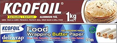 Kcofoil foil 1kg net 18 micron aluminium foil and free 20m food wrapping organic paper Aluminium Foil (Pack of 2, 84 m)