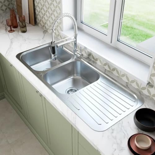 SÄUBER® 1180 x 480mm Stainless Steel Kitchen Sink 2.0 Double Bowl Inset Drop in Installation, Right Hand Drainer, 18/8 Grade Steel Sinks, Free Basket Strainer Waste