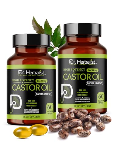 Dr. HERBALIST Castor Oil Capsules 1600mg - Cold Pressed Ricinus Communis Softgels | Supports Digestive Wellness & Hair Skin Vitality* | Halal Non-GMO Vegan | 60ct