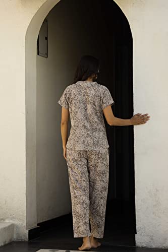 Image of SANSKRUTIHOMES Women's Premium 100% Cotton Printed Co-Ord Set | Short Sleeve Shirt & Pant Set | Pink Checkered Sun & Palm Tree Print | Casual Summer Resortwear, Vacation Wear & Comfortable Loungewear