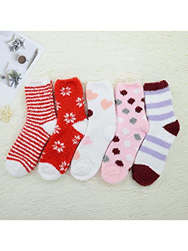 Fuzzy Warm Slipper Socks Women Super Soft Microfiber Cozy Sleeping Socks 6 Or 5 Pairs 5 Pairs Red Snowflake #TOP4