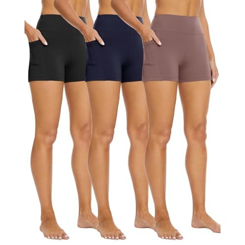 3 Pack Biker Shorts with Pockets for Women – 8"/5" High Waisted Tummy Control Workout Spandex Shorts for Gym Yoga 5 IN XX-Large Black/Navy Blue/Rosy Brown