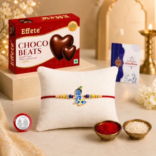 Image of Oblivion Designer Kids Bal Gopal Ji Rakhi for Brother with Choco Beats Chocolate 32gm, Pooja Coin, Roli Chawal & Card | Rakhi with Chocolate Combo for Raksha Bandhan