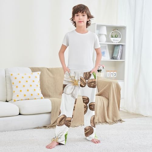 Coffee Bean and Floral Boys Long Pants Soft Trousers Elastic Waist Kids Lounge Bottoms with Pockets S-XL 5
