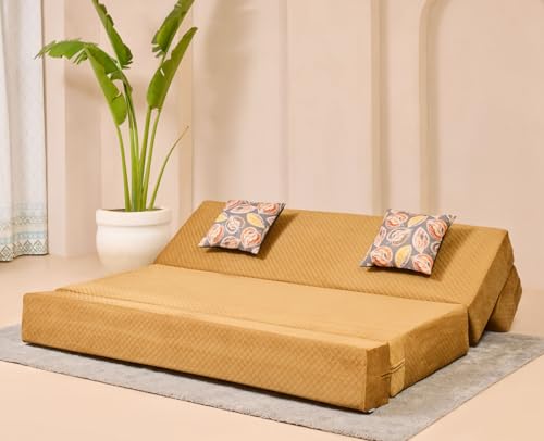 Image of uberlyfe Xtra High, Xtra Soft 3 Seater (6' x 6') Sofa Cum Bed | 1 Year Warranty| 17 inch Sofa Height |King Size Foldable Bed| Plush Laser Quilted Fabric| 2 Cushions Fall Leaf Pattern |Molten Caramel Color