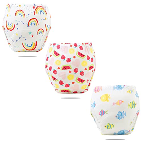 FedMois 3er Pack Baby Kleinkinder Töpfchen Trainingshose Trainerhose, Regenbogen, Obst und Fische, 1-2 Jahre