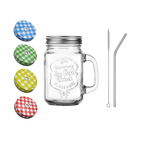 Image of SAVE Mason Jar With Stainless Steel Straw And Handle And 2 Lids- 1 Hole And 1 Without Hole | Stylish Embossing Design | 450 Ml | Multicolour (Bent Straw + Cleaning Brush), Silver