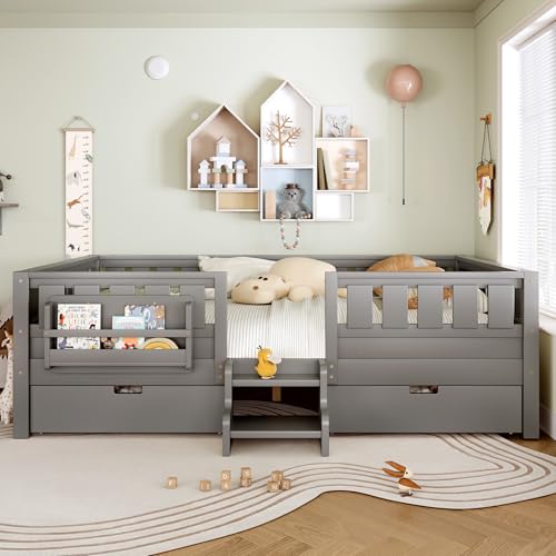 Bellemave Queen Bed Frame with Built-in Bookshelves and Storage Drawers,