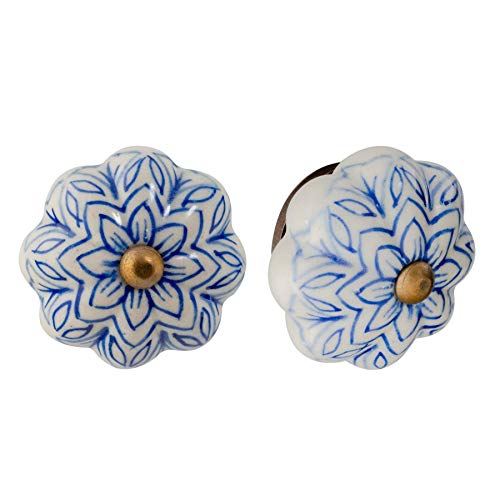 Nicola Spring Ceramic Cupboard Drawer Handle Knobs - Vintage Flower Design - Light Blue - Pack of 6