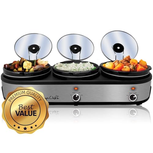 MegaChef Triple 2.5 Quart Slow Cooker and Buffet Server in Brushed Silver and Black Finish with 3 Ceramic Cooking Pots and Removable Lid Rests
