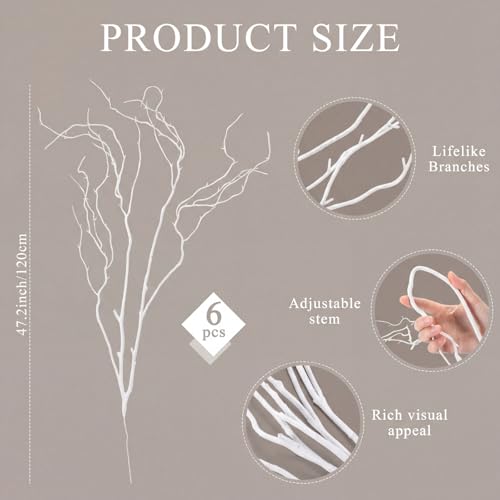 Image of Norme 6 Pcs 47.2 Inch Lifelike Curly Willow Branches for Vases Artificial Decorative Dried Twigs Tall Plastic Vine Bendable Stick for DIY Plant Crafts Farmhouse Wedding Indoor Home Hotel Decor(White)