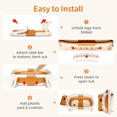 Image of Collapsible Baby Bathtub for Newborn to Toddler (0-18 Months) - Foldable Baby Bath Tub with Soft Towel, Newborn& Infant Bathtub for Travel and Outdoor, Brown