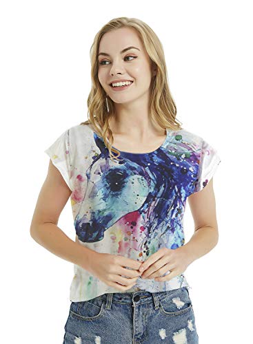 Futurino Women's Dream Mysterious Horse Print Short Sleeve Tops Casual Tee (L, White),White,Large #TOP4