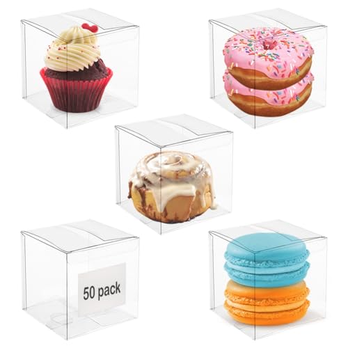 COMFECTO Clear Boxes for Favors 4x4x4, 50 pcs Transparent Giftbox for Macaron Cupcake Candy Cookies Ornament GiftsWedding Party Baby Shower, Single Individual Packaging for Display