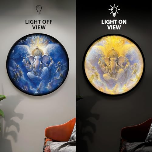 Image of PAINTINGMANTRA Shree Ganesh Ji Night Wall Lamp Painting with Premium Aluminium Metal Frame, Religious Round Wall Painting with Warm White Night Lamp for Home & Office Wall Decor 18x18 Inches